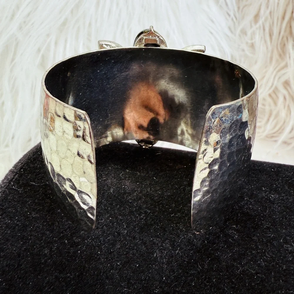 Vintage aged, Silvertone oxidized, colored accent, large cuff, runway bracelet